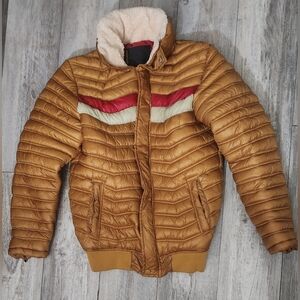 Robert Phillipe Mens Brown Insulated Puffer Jacket with Red and Cream Stripes